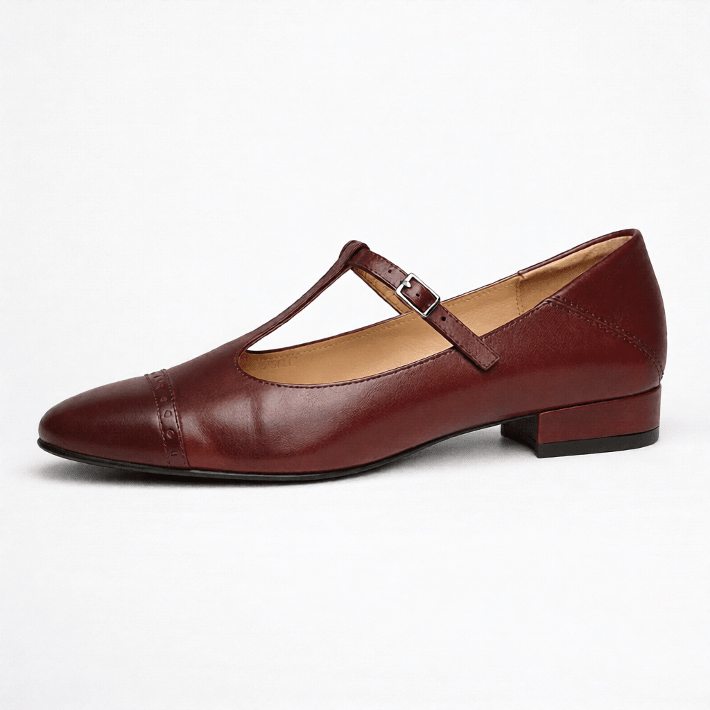 Women’s Leather Mary Jane Shoes – Cap Toe Low Block Heel Flats for Work & Casual Wear