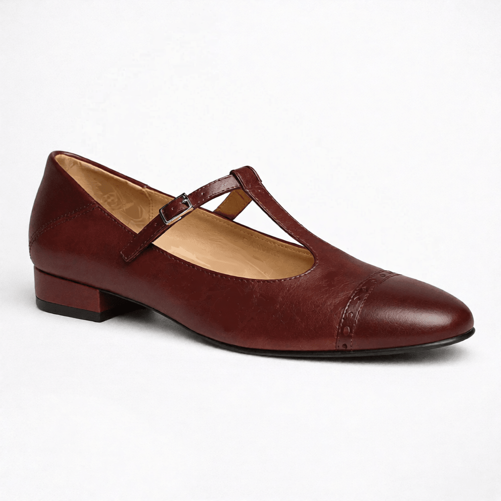 Women’s Leather Mary Jane Shoes – Cap Toe Low Block Heel Flats for Work & Casual Wear