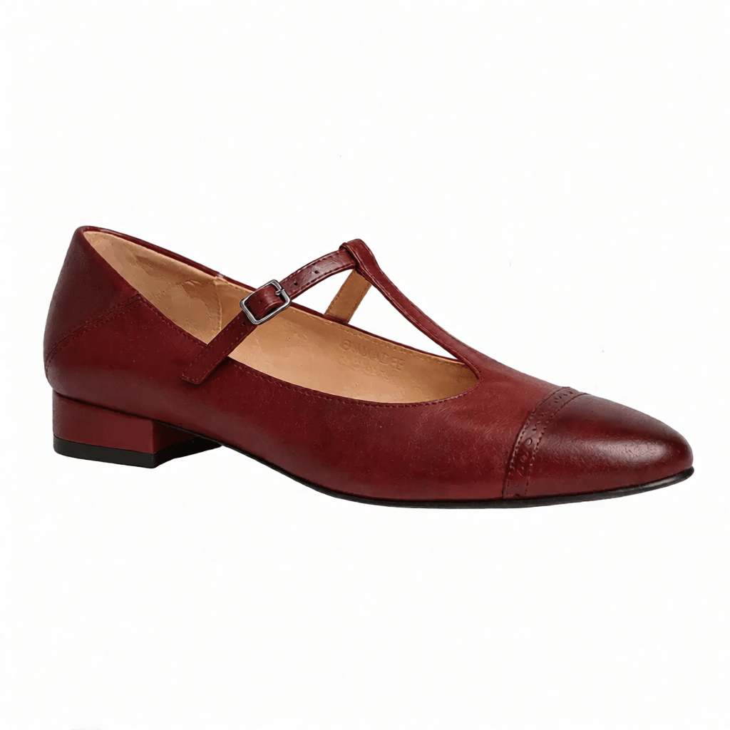Women’s Leather Mary Jane Shoes – Cap Toe Low Block Heel Flats for Work & Casual Wear