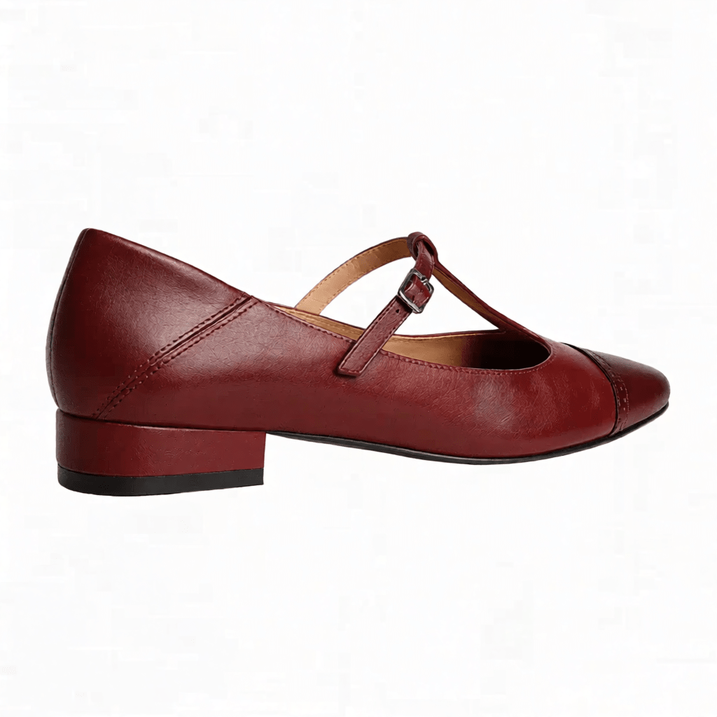 Women’s Leather Mary Jane Shoes – Cap Toe Low Block Heel Flats for Work & Casual Wear