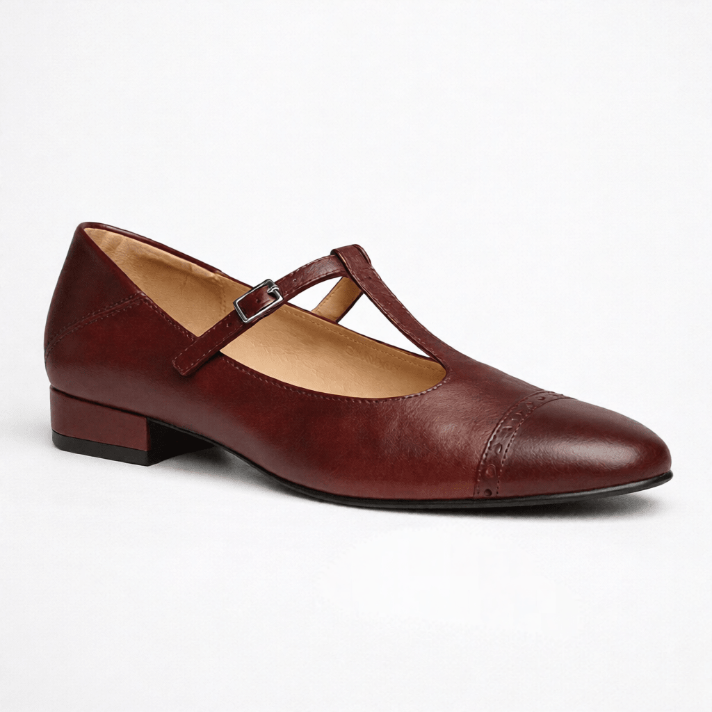 Women’s Leather Mary Jane Shoes – Cap Toe Low Block Heel Flats for Work & Casual Wear