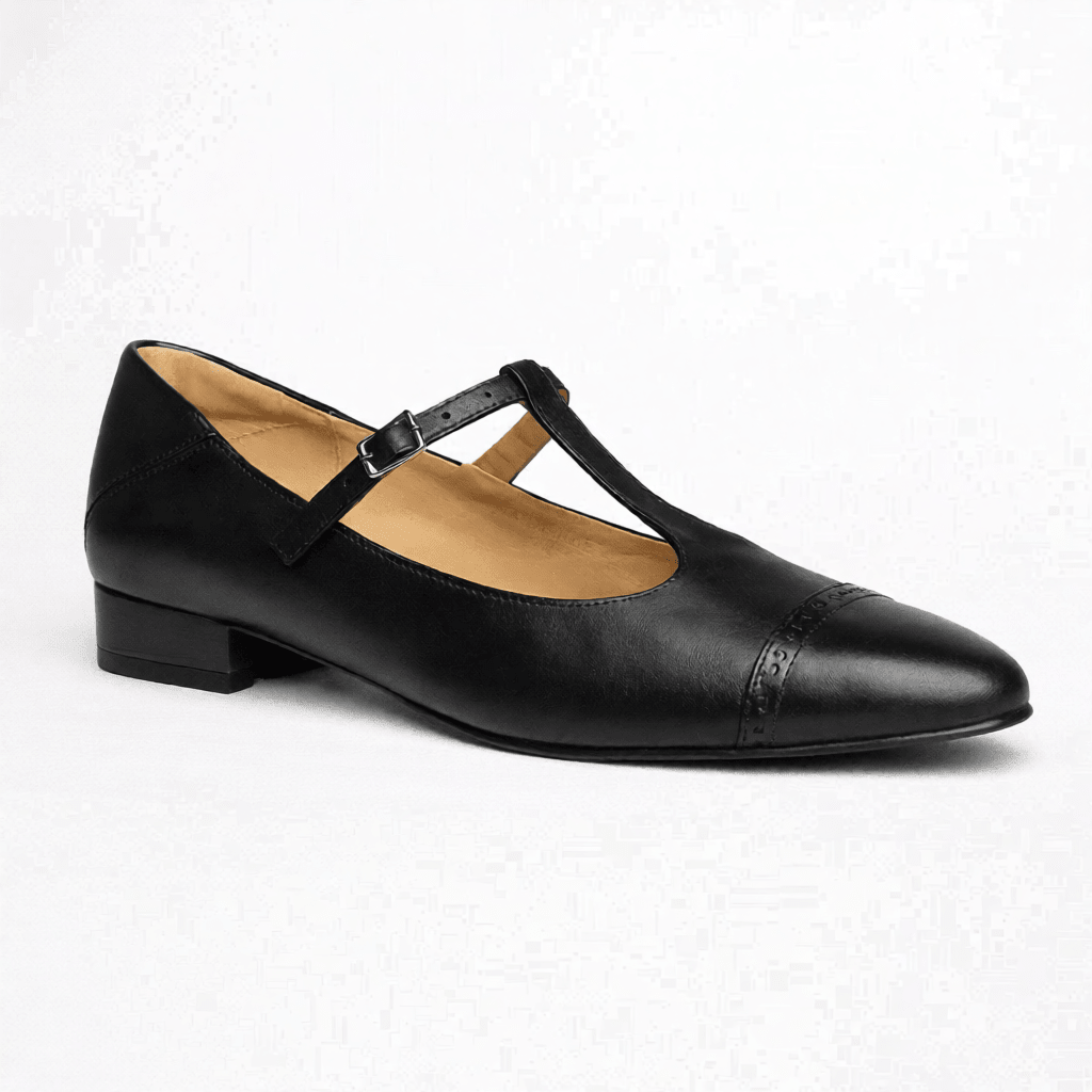 Women’s Leather Mary Jane Shoes – Cap Toe Low Block Heel Flats for Work & Casual Wear