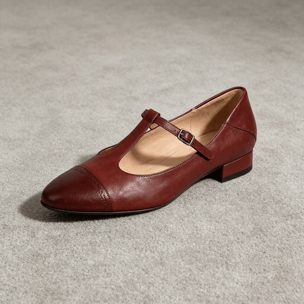 Women's Leather Mary Jane Shoes Low Block Heel Flats