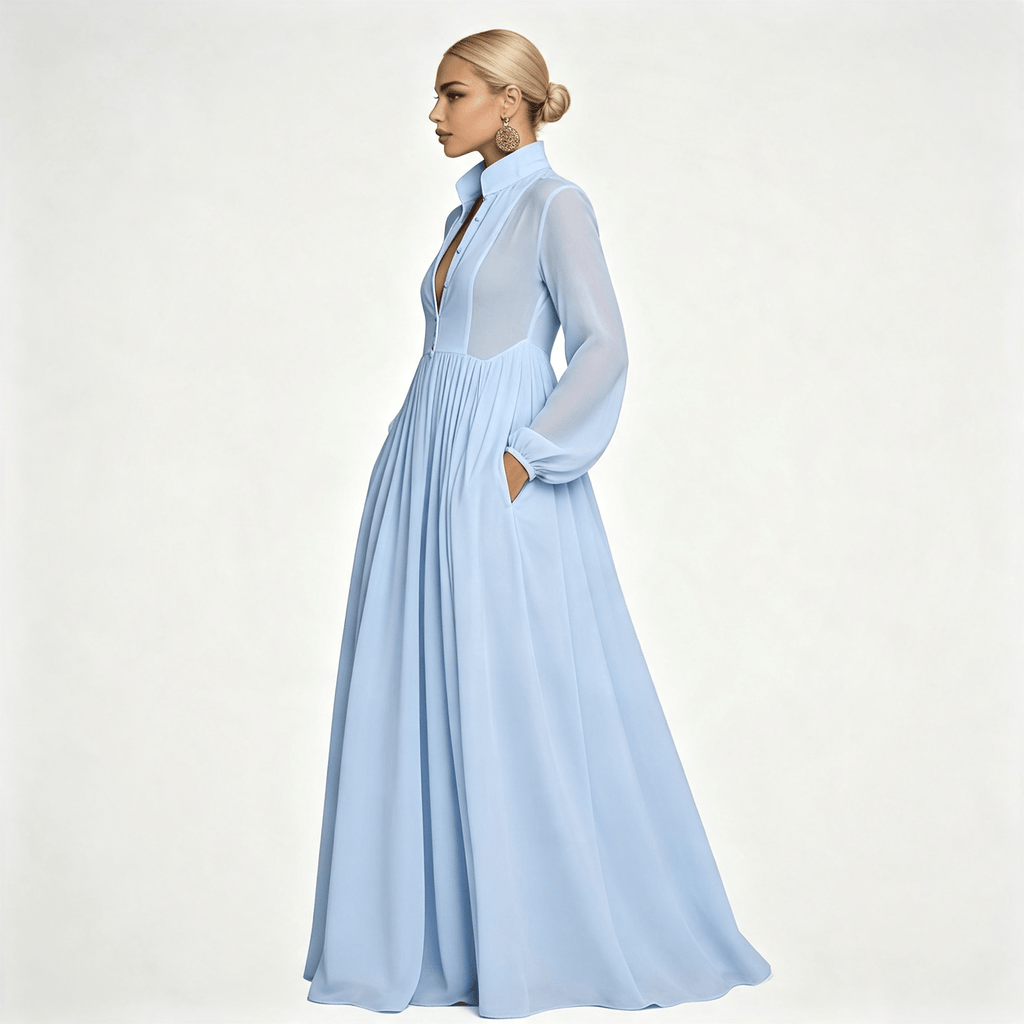 Womens Long Sleeve Button Front Garden Party Maxi Dress with Pockets