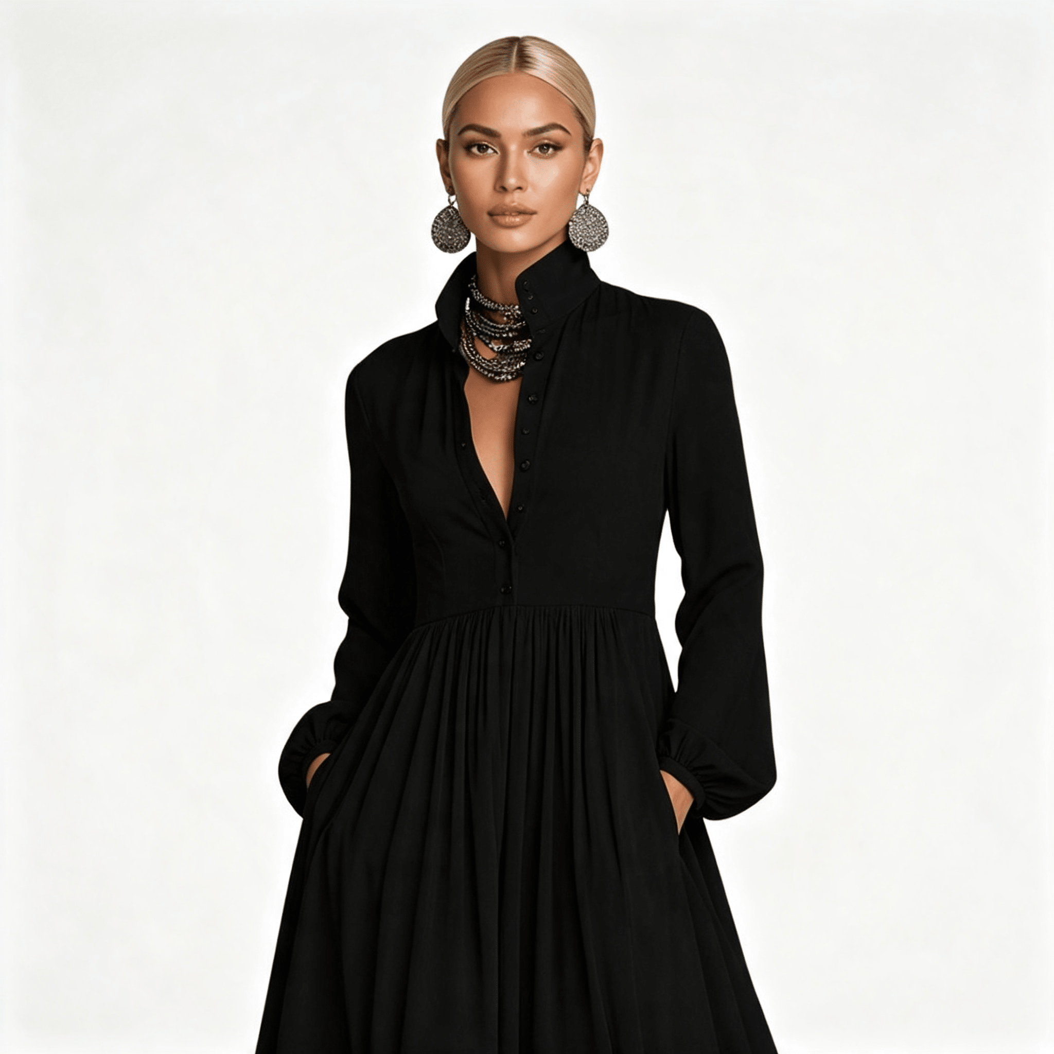 Womens Long Sleeve Button Front Garden Party Maxi Dress with Pockets