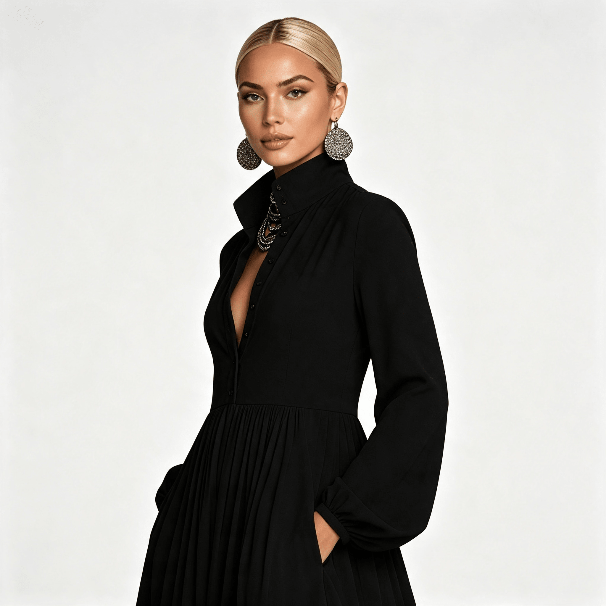 Womens Long Sleeve Button Front Garden Party Maxi Dress with Pockets