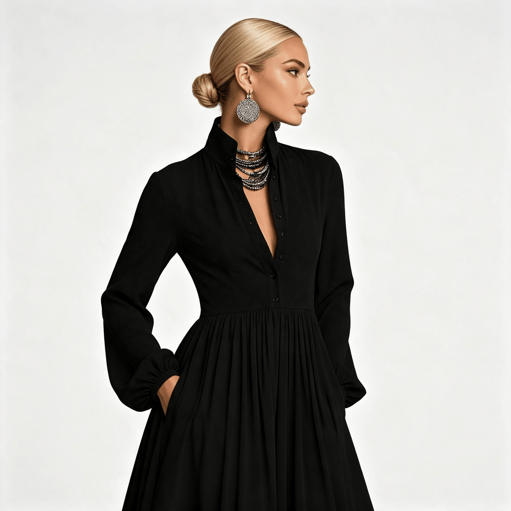 Womens Long Sleeve Button Front Garden Party Maxi Dress with Pockets