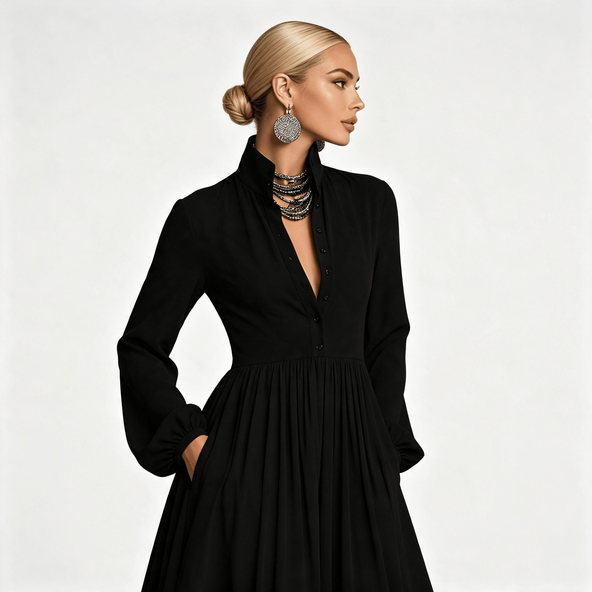 Womens Long Sleeve Button Front Garden Party Maxi Dress with Pockets