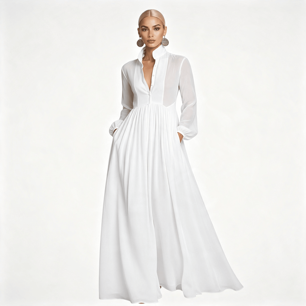 Womens Long Sleeve Button Front Garden Party Maxi Dress with Pockets