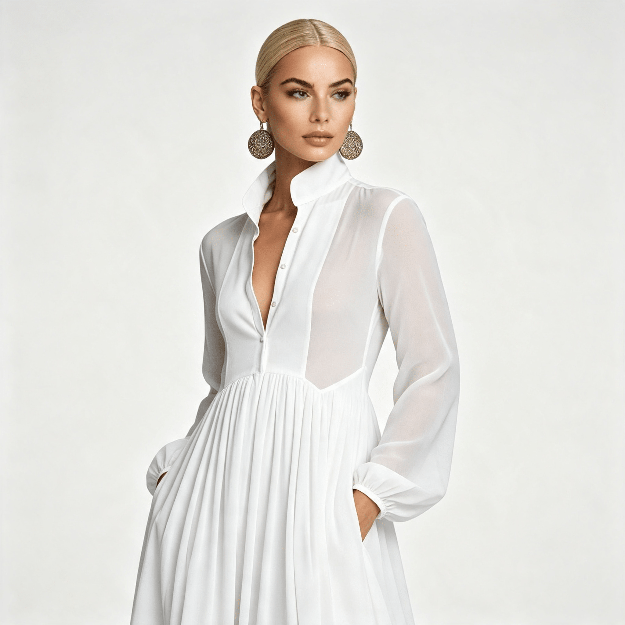 Womens Long Sleeve Button Front Garden Party Maxi Dress with Pockets