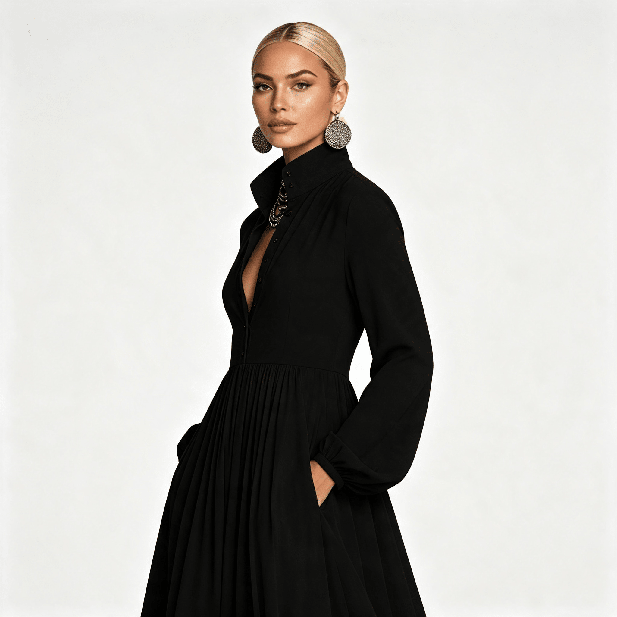 Womens Long Sleeve Button Front Garden Party Maxi Dress with Pockets