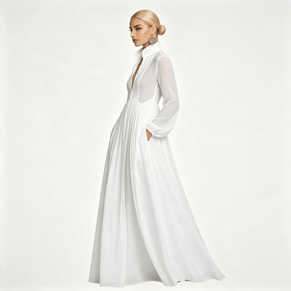 Womens Long Sleeve Button Front Garden Party Maxi Dress with Pockets