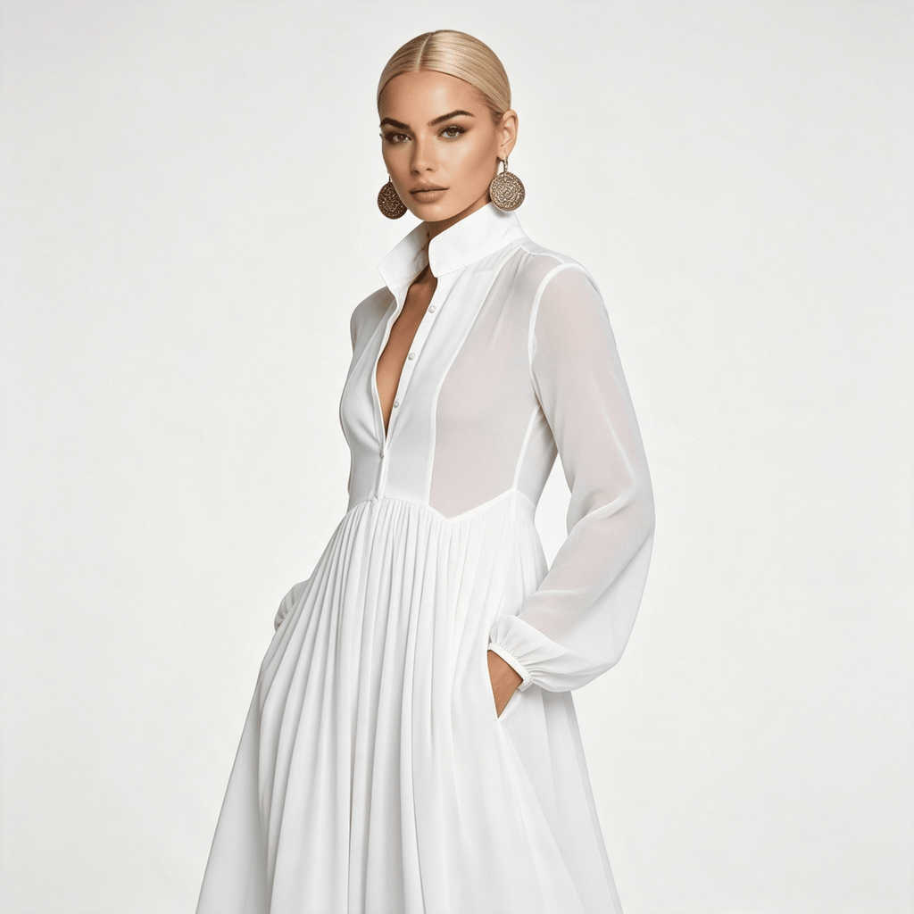 Womens Long Sleeve Button Front Garden Party Maxi Dress with Pockets