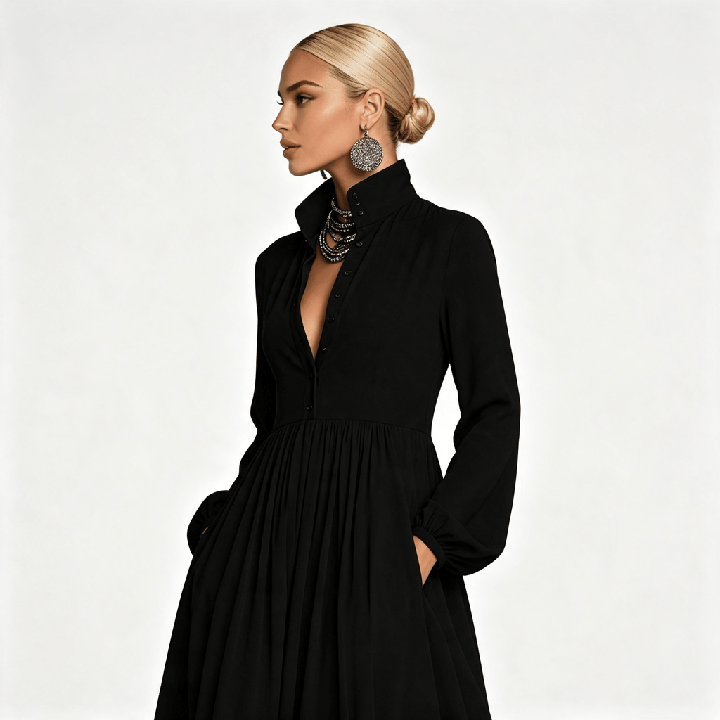 Womens Long Sleeve Button Front Garden Party Maxi Dress with Pockets