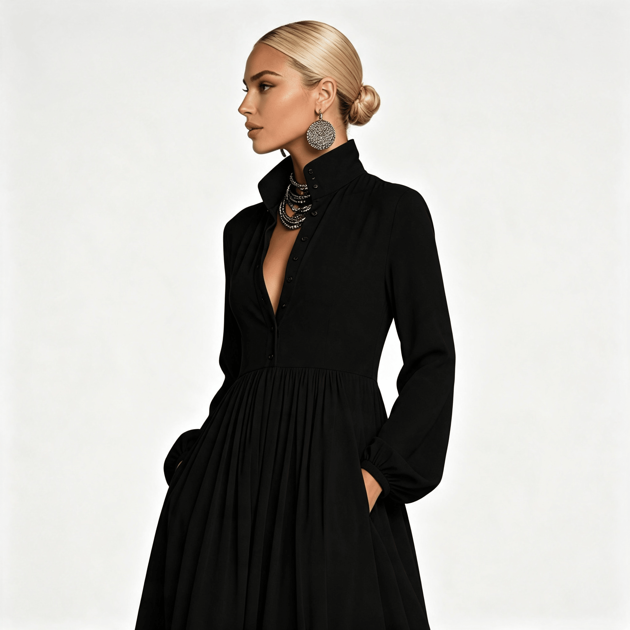 Womens Long Sleeve Button Front Garden Party Maxi Dress with Pockets