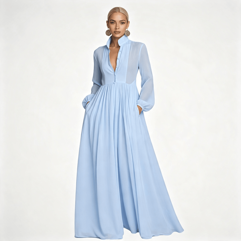 Womens Long Sleeve Button Front Garden Party Maxi Dress with Pockets