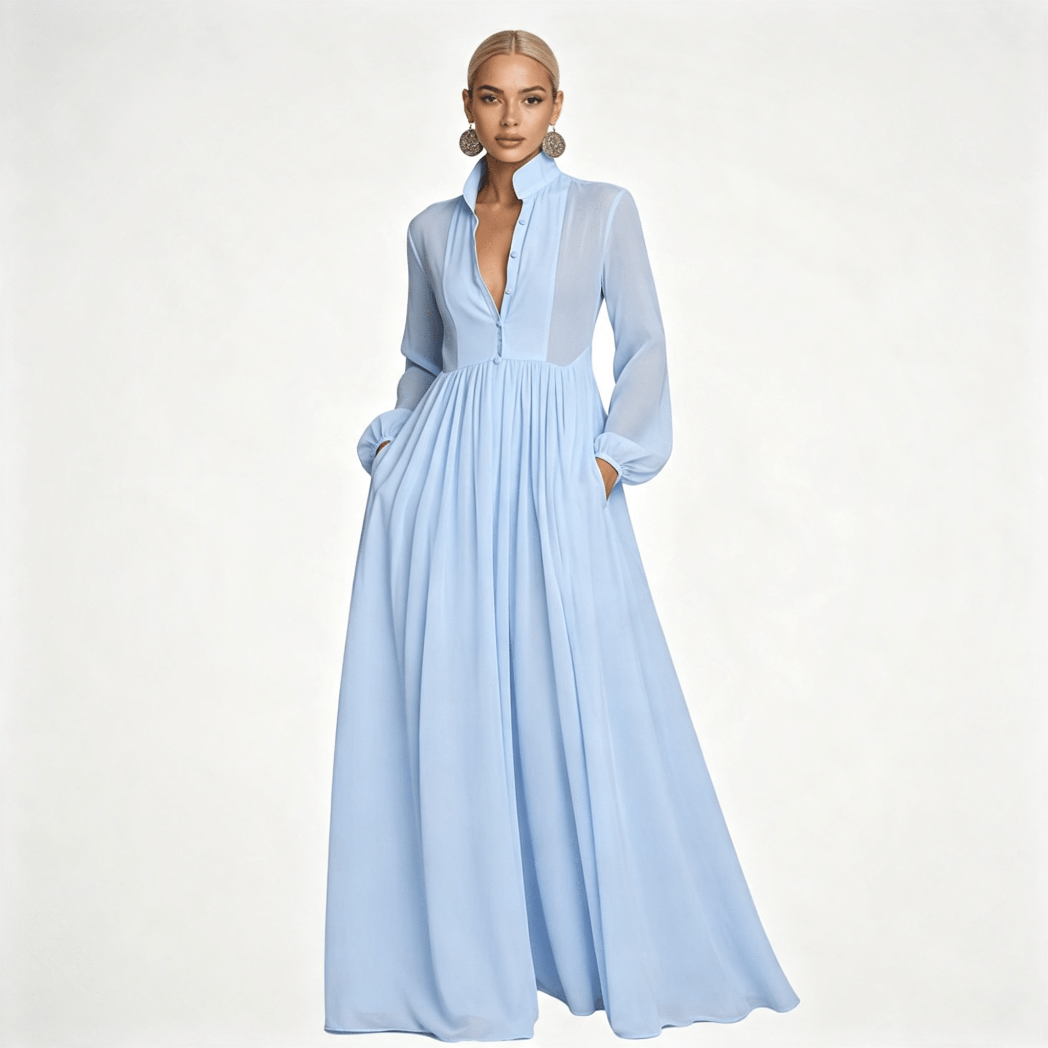 Womens Long Sleeve Button Front Garden Party Maxi Dress with Pockets