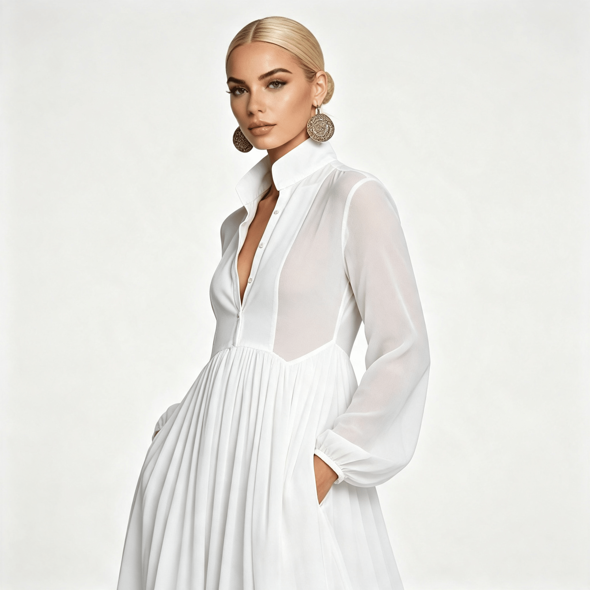Womens Long Sleeve Button Front Garden Party Maxi Dress with Pockets
