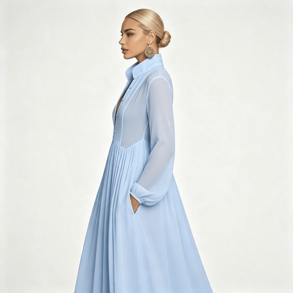 Womens Long Sleeve Button Front Garden Party Maxi Dress with Pockets