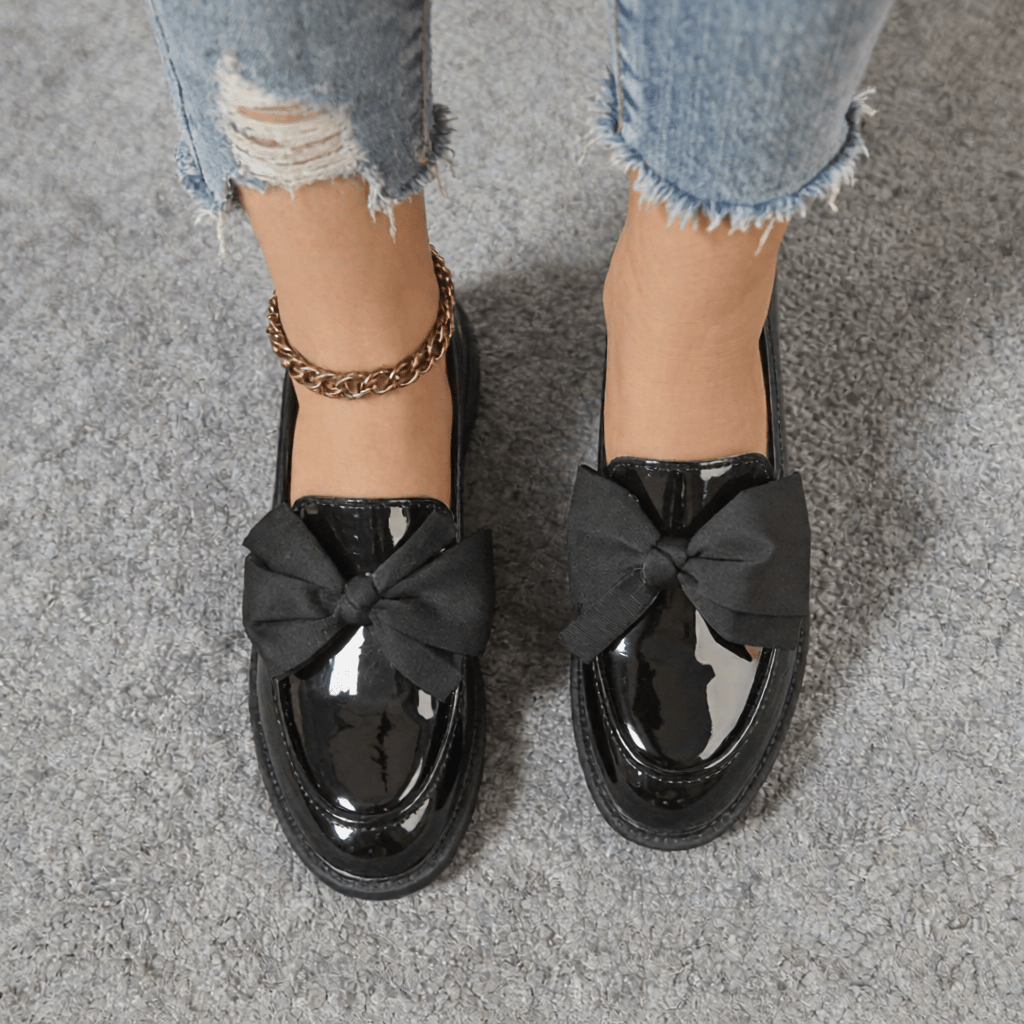 Women's Premium Glossy Leather Slip - On Loafers – Classic Moc Toe, Bow Detail, Comfortable Insole, Lightweight Platform Sole 2–4cm, Smart Casual Dress Shoes