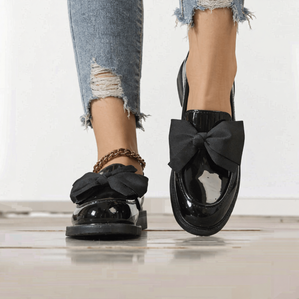 Women's Premium Glossy Leather Slip - On Loafers – Classic Moc Toe, Bow Detail, Comfortable Insole, Lightweight Platform Sole 2–4cm, Smart Casual Dress Shoes