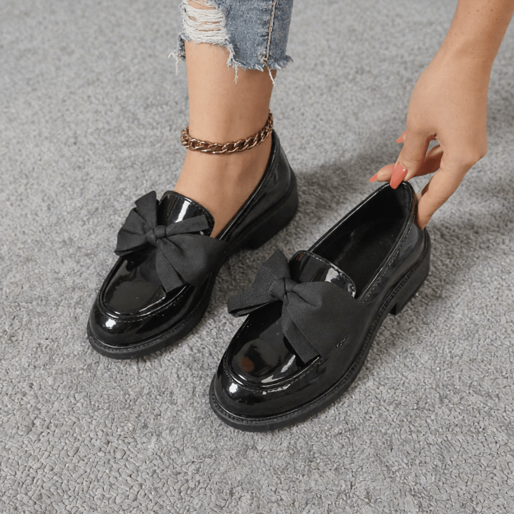 Women's Premium Glossy Leather Slip - On Loafers – Classic Moc Toe, Bow Detail, Comfortable Insole, Lightweight Platform Sole 2–4cm, Smart Casual Dress Shoes