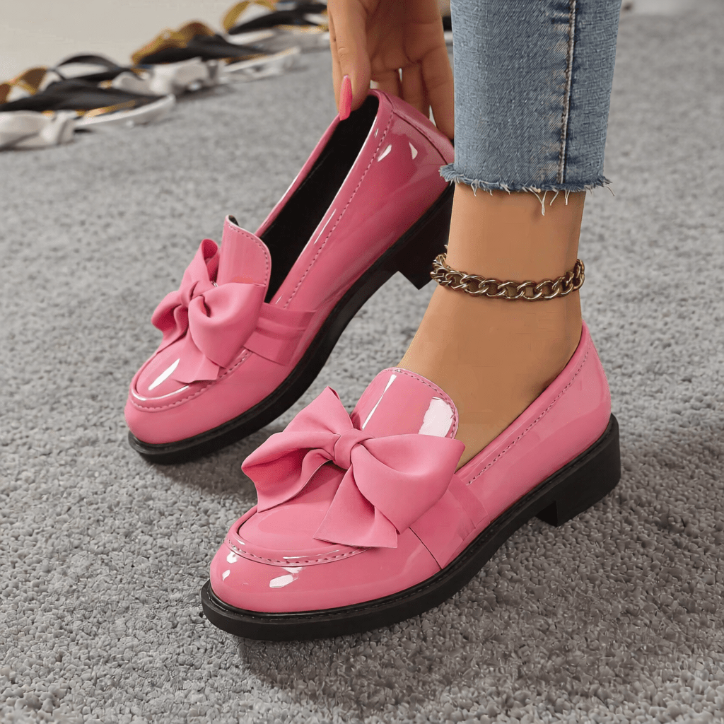 Women's Premium Glossy Leather Slip - On Loafers – Classic Moc Toe, Bow Detail, Comfortable Insole, Lightweight Platform Sole 2–4cm, Smart Casual Dress Shoes
