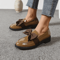 Women's Premium Glossy Leather Slip - On Loafers – Classic Moc Toe, Bow Detail, Comfortable Insole, Lightweight Platform Sole 2–4cm, Smart Casual Dress Shoes