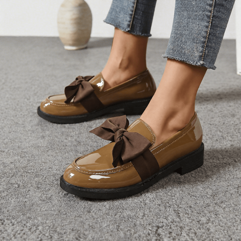 Women's Premium Glossy Leather Slip - On Loafers – Classic Moc Toe, Bow Detail, Comfortable Insole, Lightweight Platform Sole 2–4cm, Smart Casual Dress Shoes