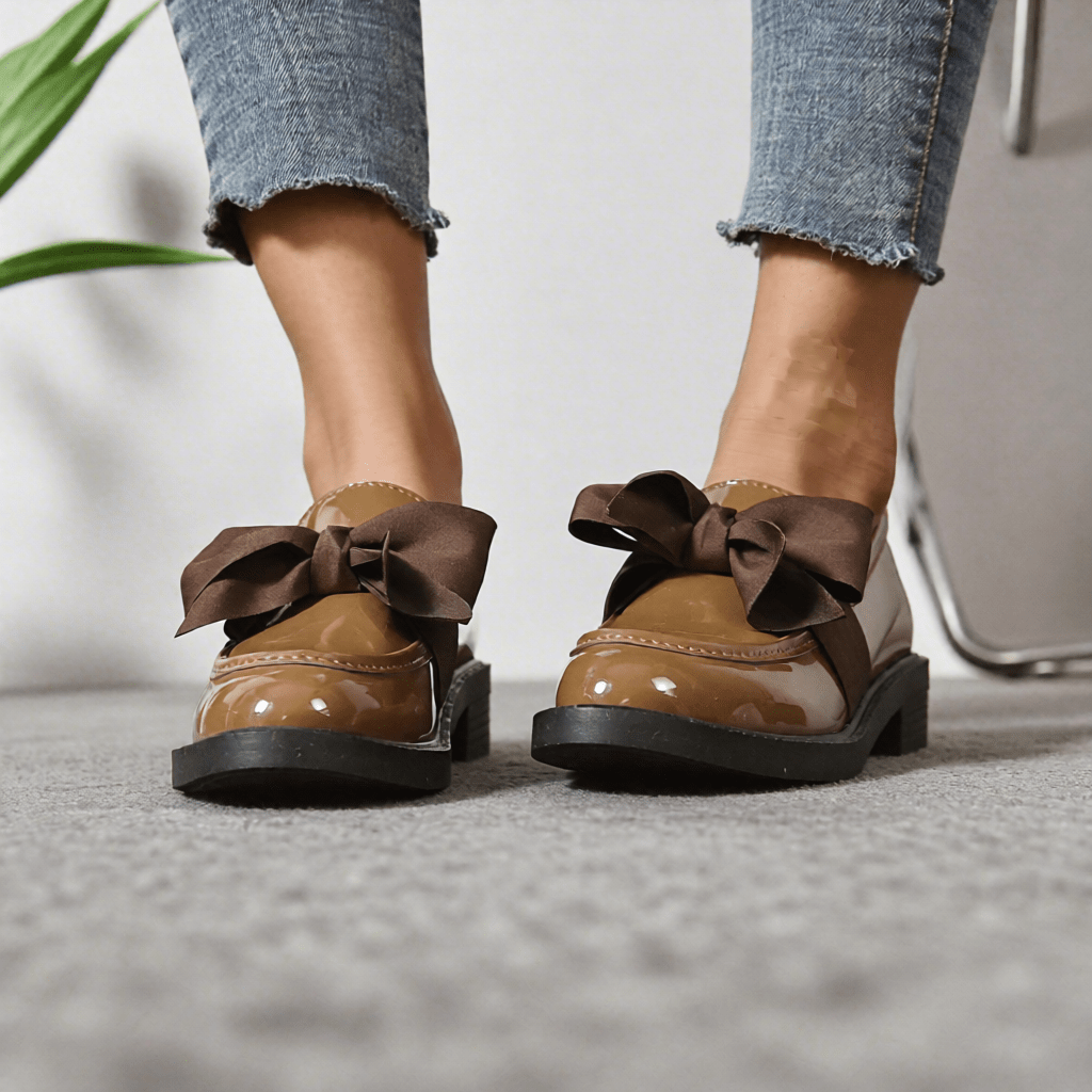 Women's Premium Glossy Leather Slip - On Loafers – Classic Moc Toe, Bow Detail, Comfortable Insole, Lightweight Platform Sole 2–4cm, Smart Casual Dress Shoes
