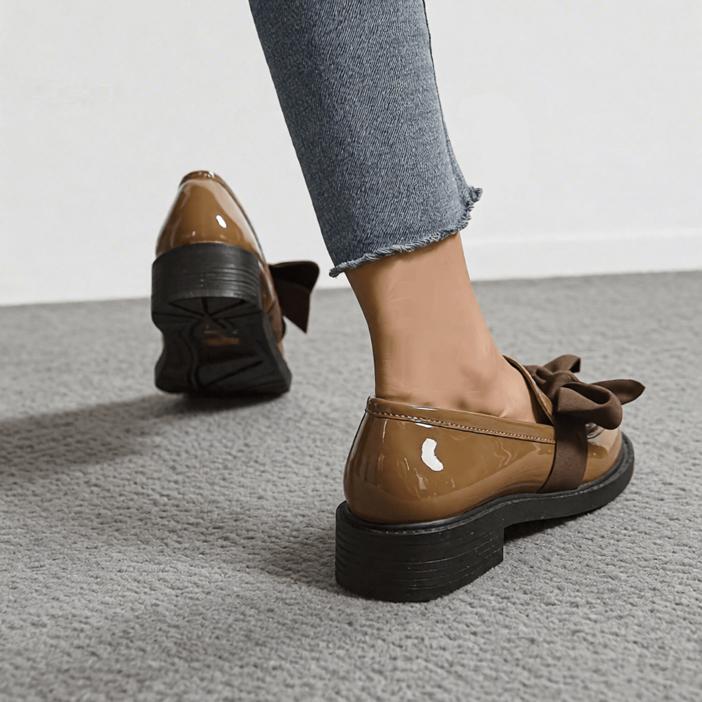 Women's Premium Glossy Leather Slip - On Loafers – Classic Moc Toe, Bow Detail, Comfortable Insole, Lightweight Platform Sole 2–4cm, Smart Casual Dress Shoes