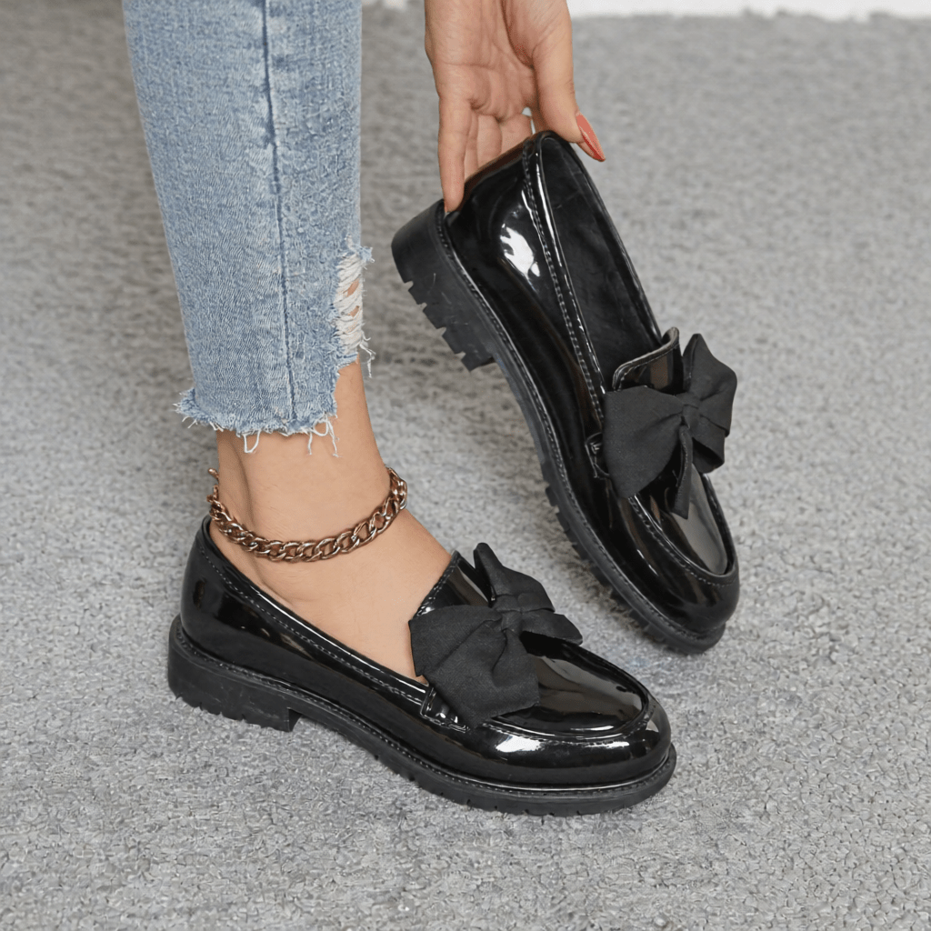 Women's Premium Glossy Leather Slip - On Loafers – Classic Moc Toe, Bow Detail, Comfortable Insole, Lightweight Platform Sole 2–4cm, Smart Casual Dress Shoes
