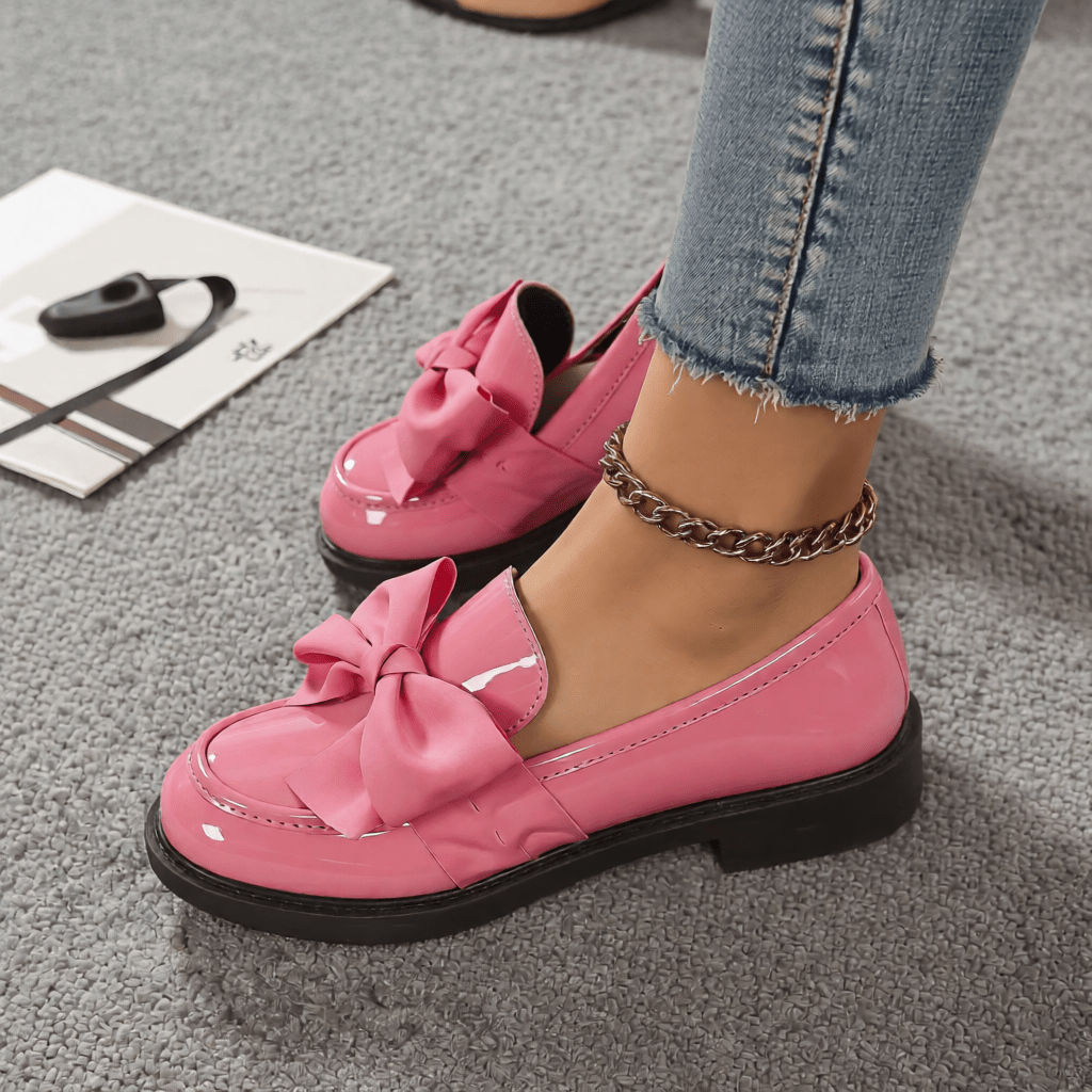 Women's Premium Glossy Leather Slip - On Loafers – Classic Moc Toe, Bow Detail, Comfortable Insole, Lightweight Platform Sole 2–4cm, Smart Casual Dress Shoes