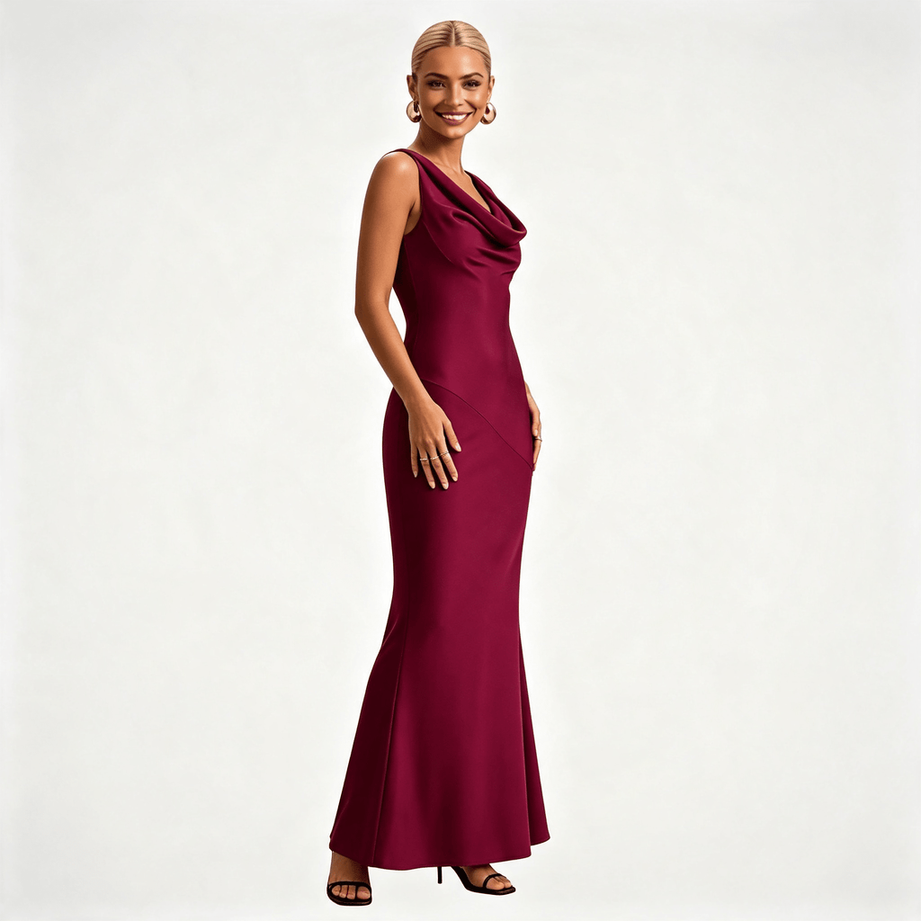 Womens Satin Cowl Neck Fitted Wedding Guest Maxi Dress