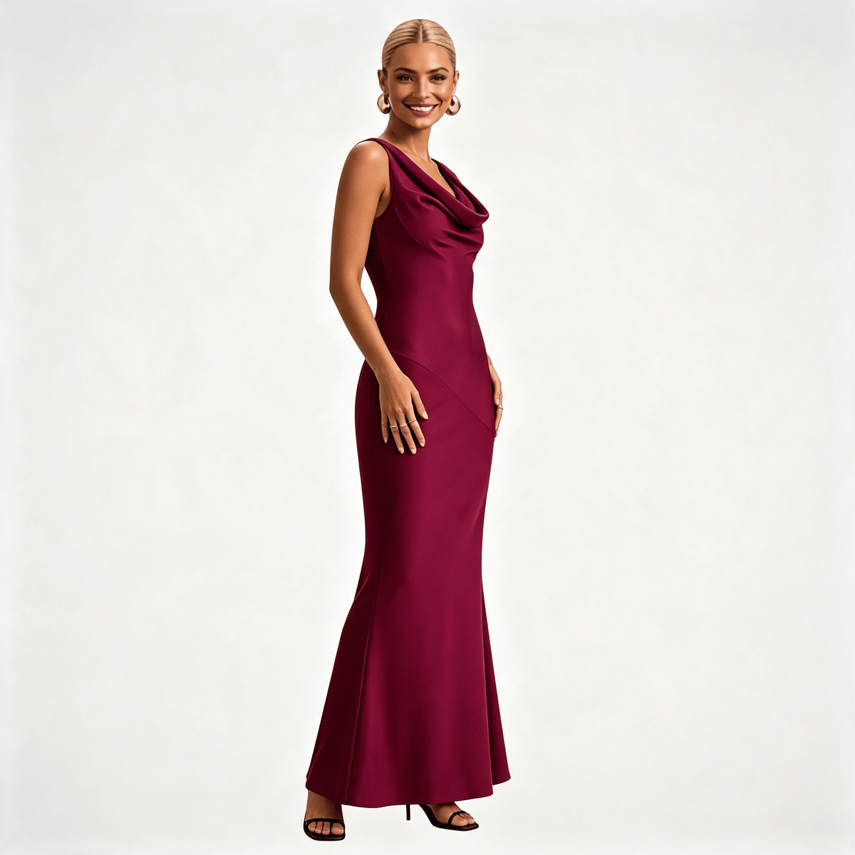 Womens Satin Cowl Neck Fitted Wedding Guest Maxi Dress