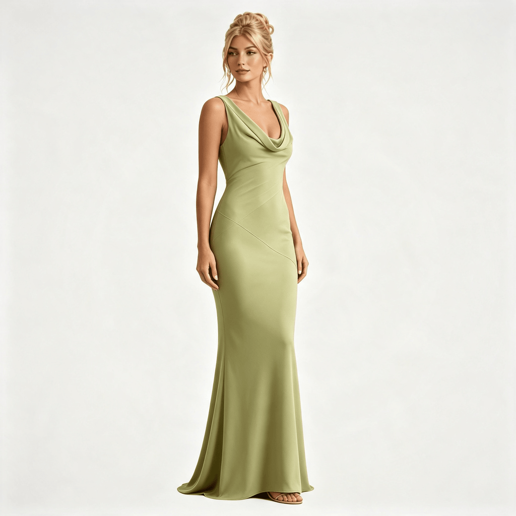 Womens Satin Cowl Neck Fitted Wedding Guest Maxi Dress
