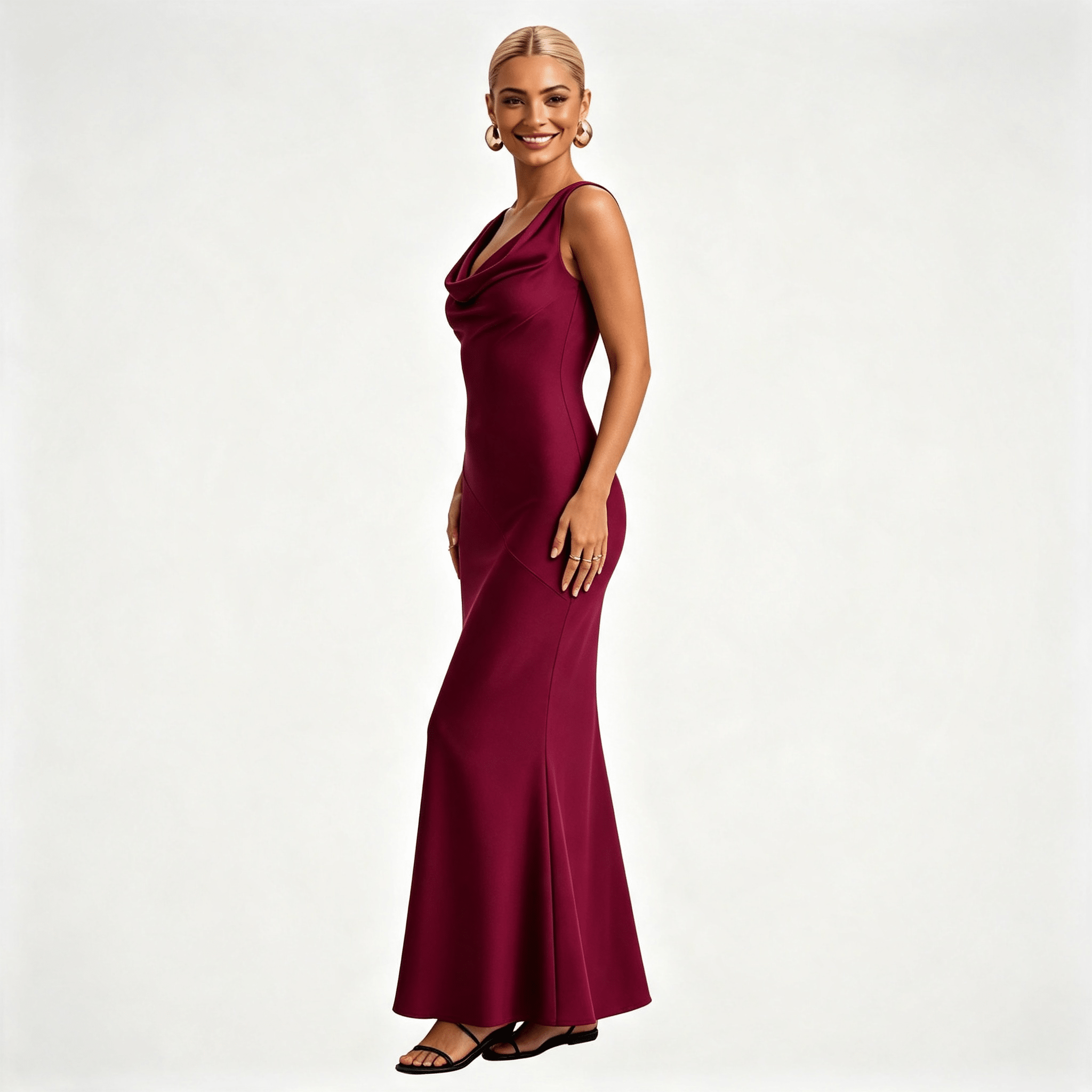 Womens Satin Cowl Neck Fitted Wedding Guest Maxi Dress