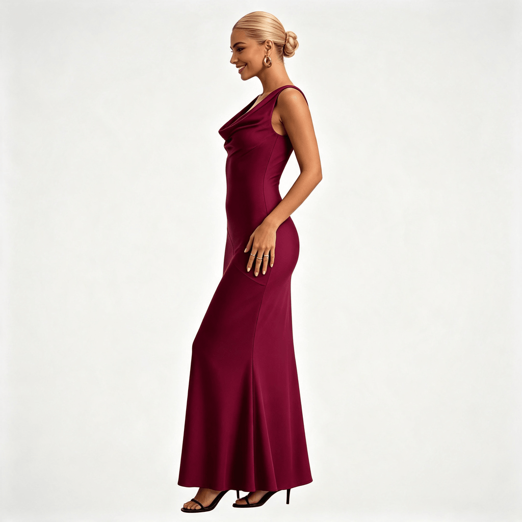 Womens Satin Cowl Neck Fitted Wedding Guest Maxi Dress