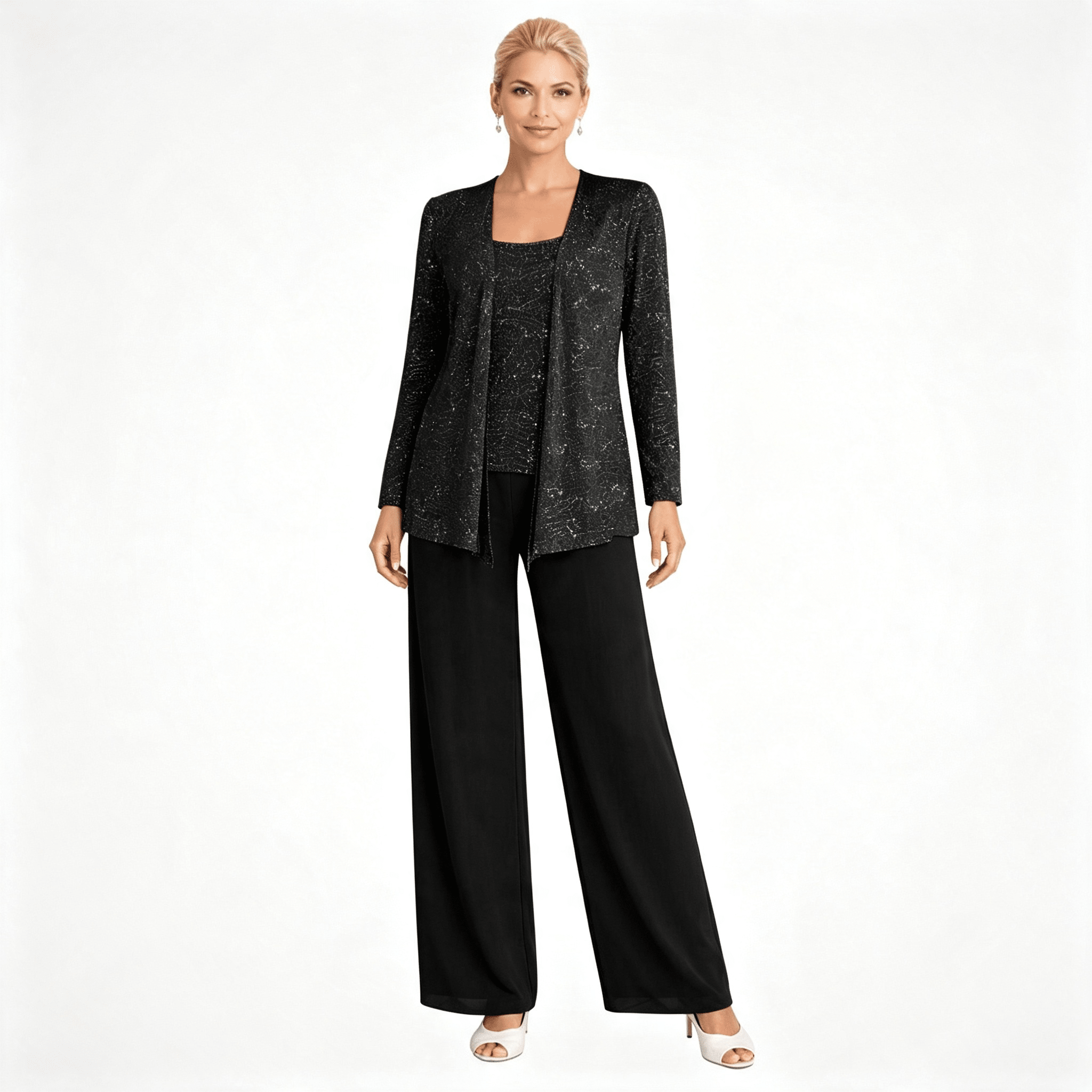 Womens Sequin Lace Jacket Three Piece Wide Leg Wedding Guest Trouser Suit