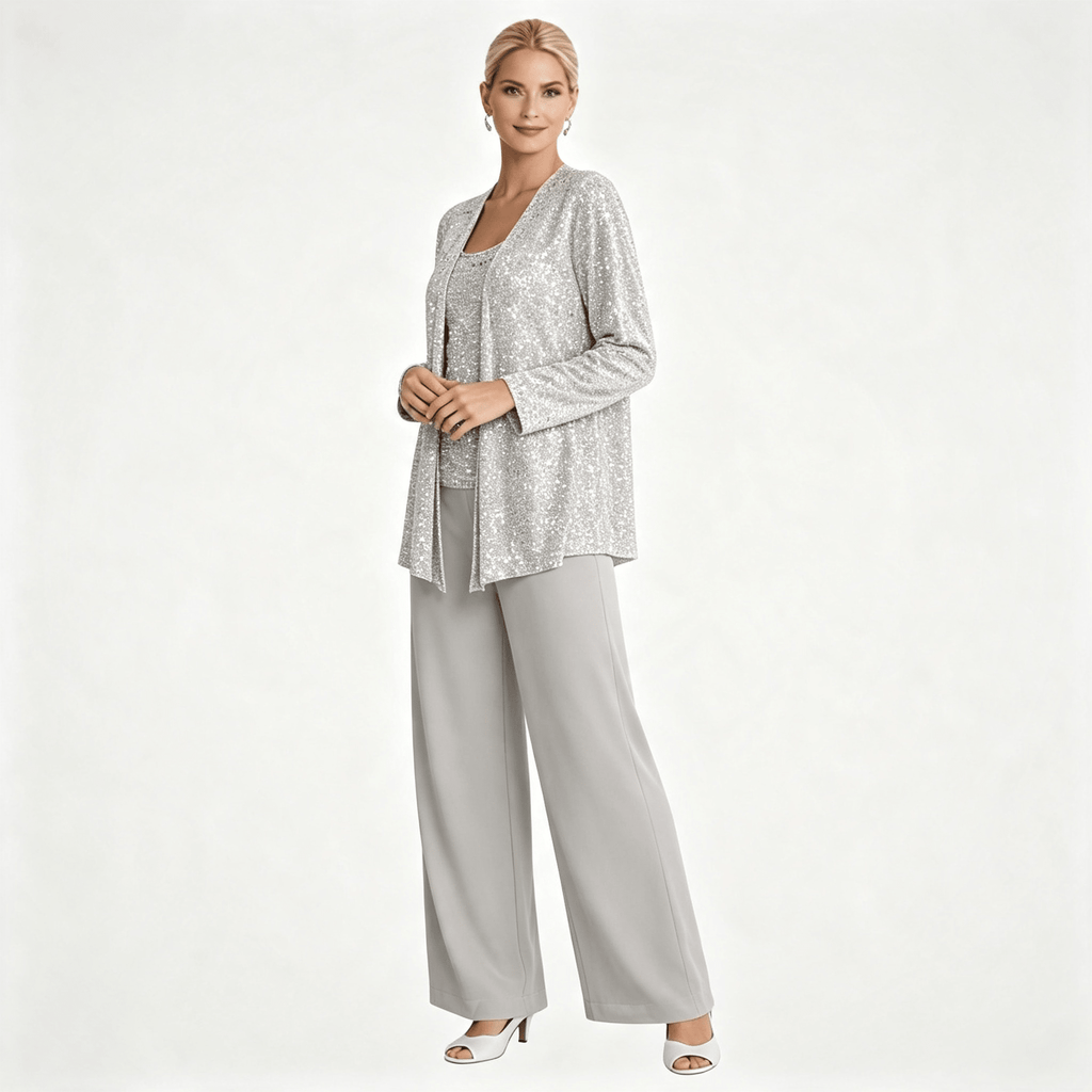 Womens Sequin Lace Jacket Three Piece Wide Leg Wedding Guest Trouser Suit