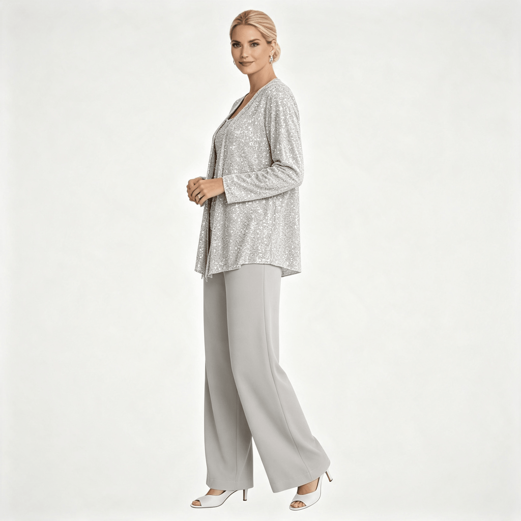 Womens Sequin Lace Jacket Three Piece Wide Leg Wedding Guest Trouser Suit