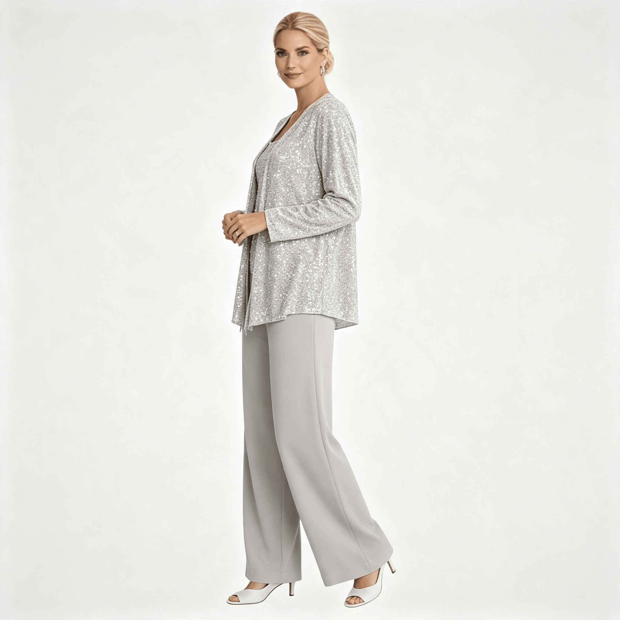 Womens Sequin Lace Jacket Three Piece Wide Leg Wedding Guest Trouser Suit