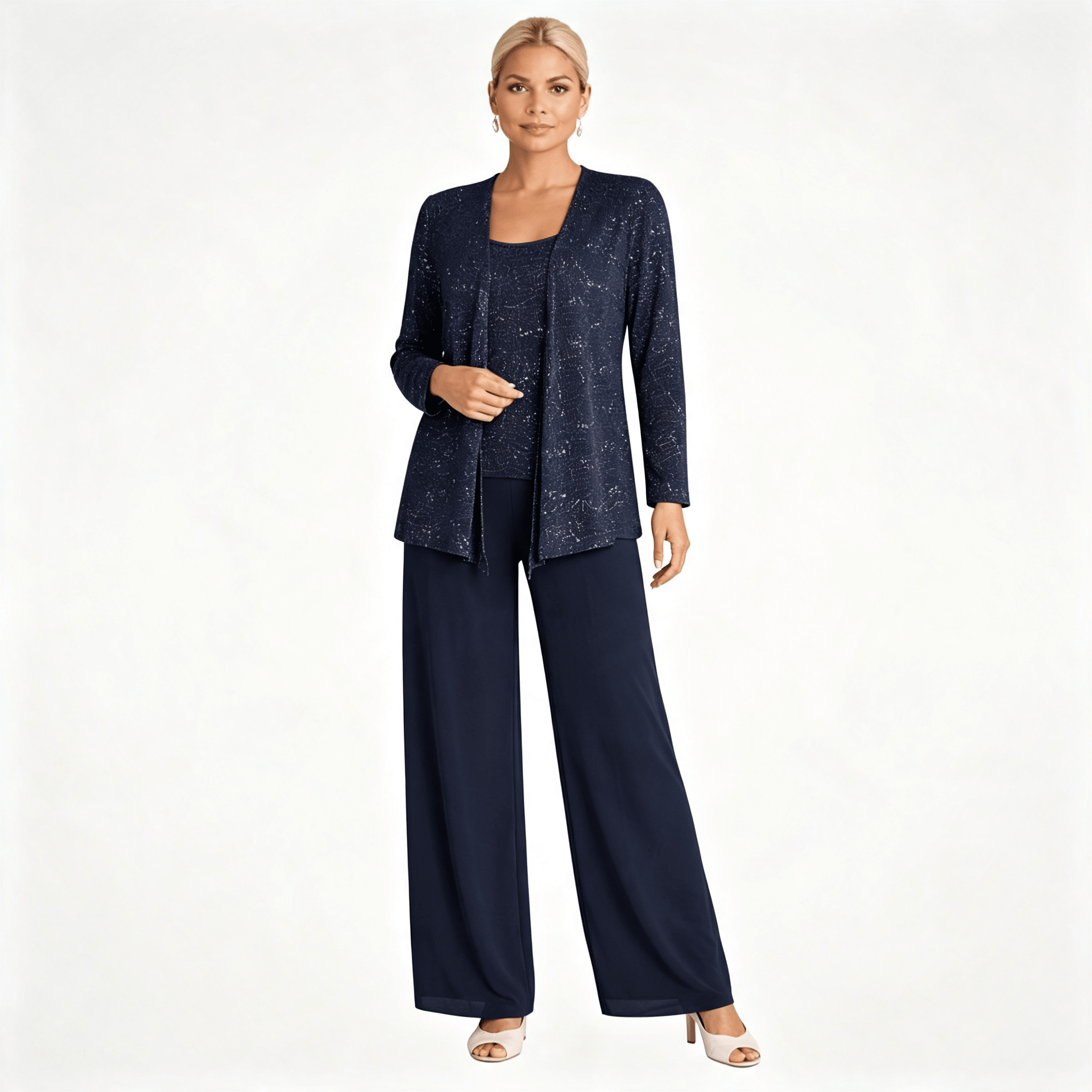 Womens Sequin Lace Jacket Three Piece Wide Leg Wedding Guest Trouser Suit