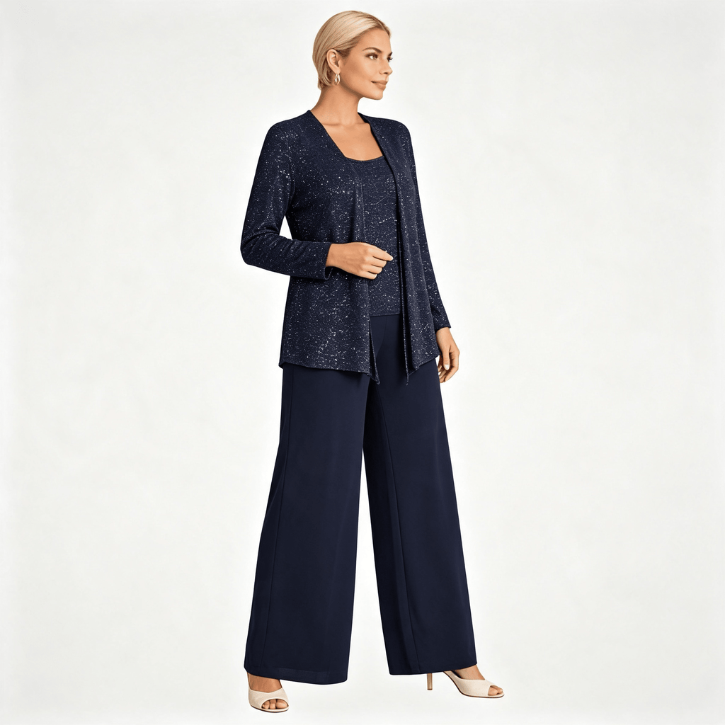 Womens Sequin Lace Jacket Three Piece Wide Leg Wedding Guest Trouser Suit