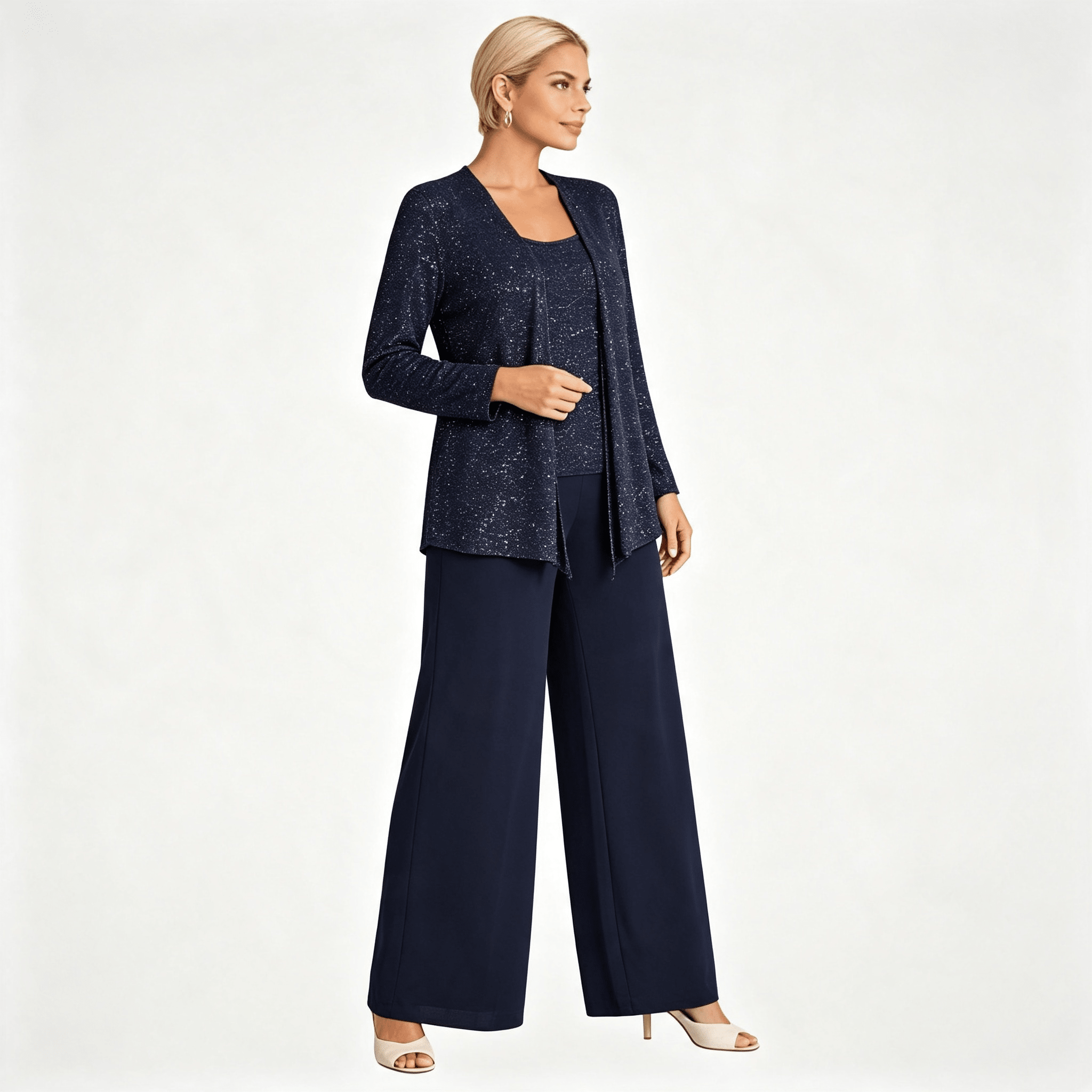 Womens Sequin Lace Jacket Three Piece Wide Leg Wedding Guest Trouser Suit
