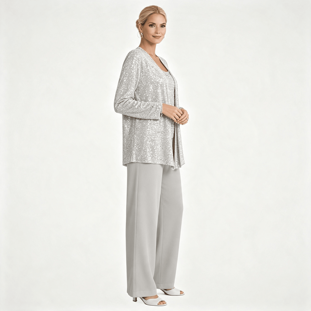 Womens Sequin Lace Jacket Three Piece Wide Leg Wedding Guest Trouser Suit