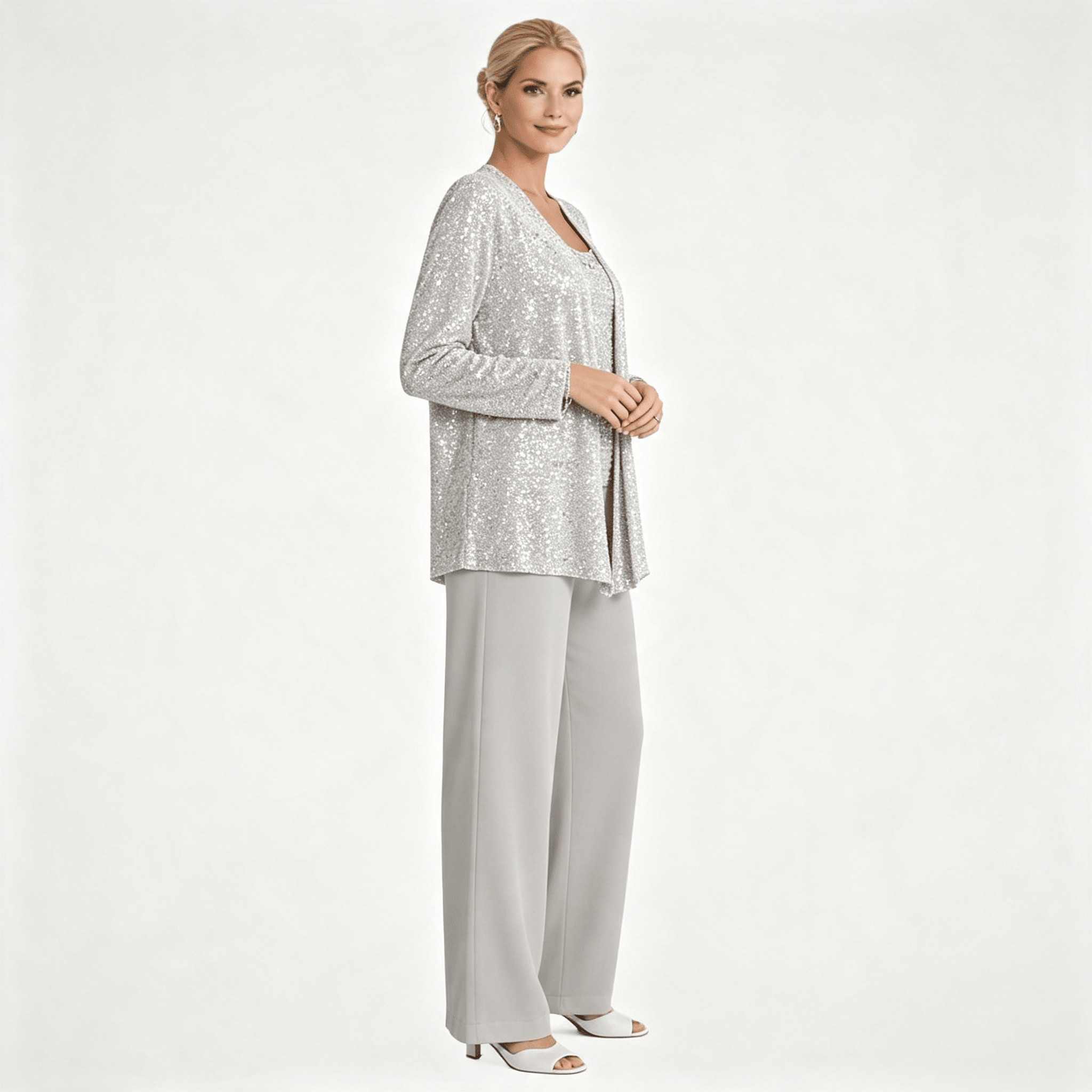 Womens Sequin Lace Jacket Three Piece Wide Leg Wedding Guest Trouser Suit