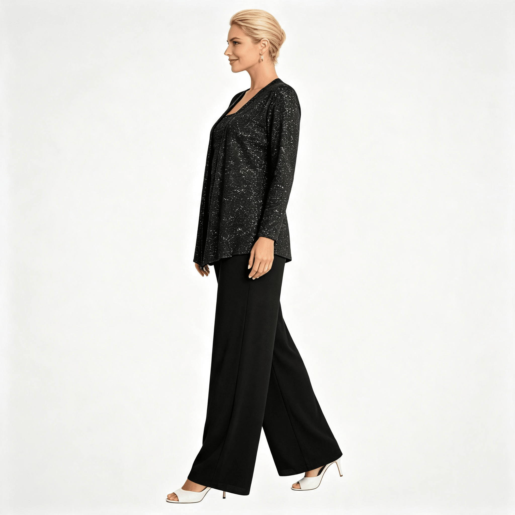 Womens Sequin Lace Jacket Three Piece Wide Leg Wedding Guest Trouser Suit