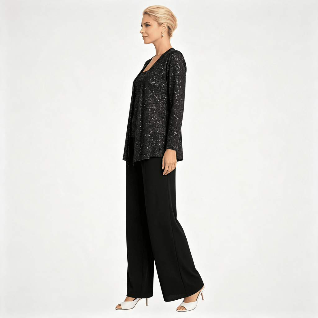 Womens Sequin Lace Jacket Three Piece Wide Leg Wedding Guest Trouser Suit
