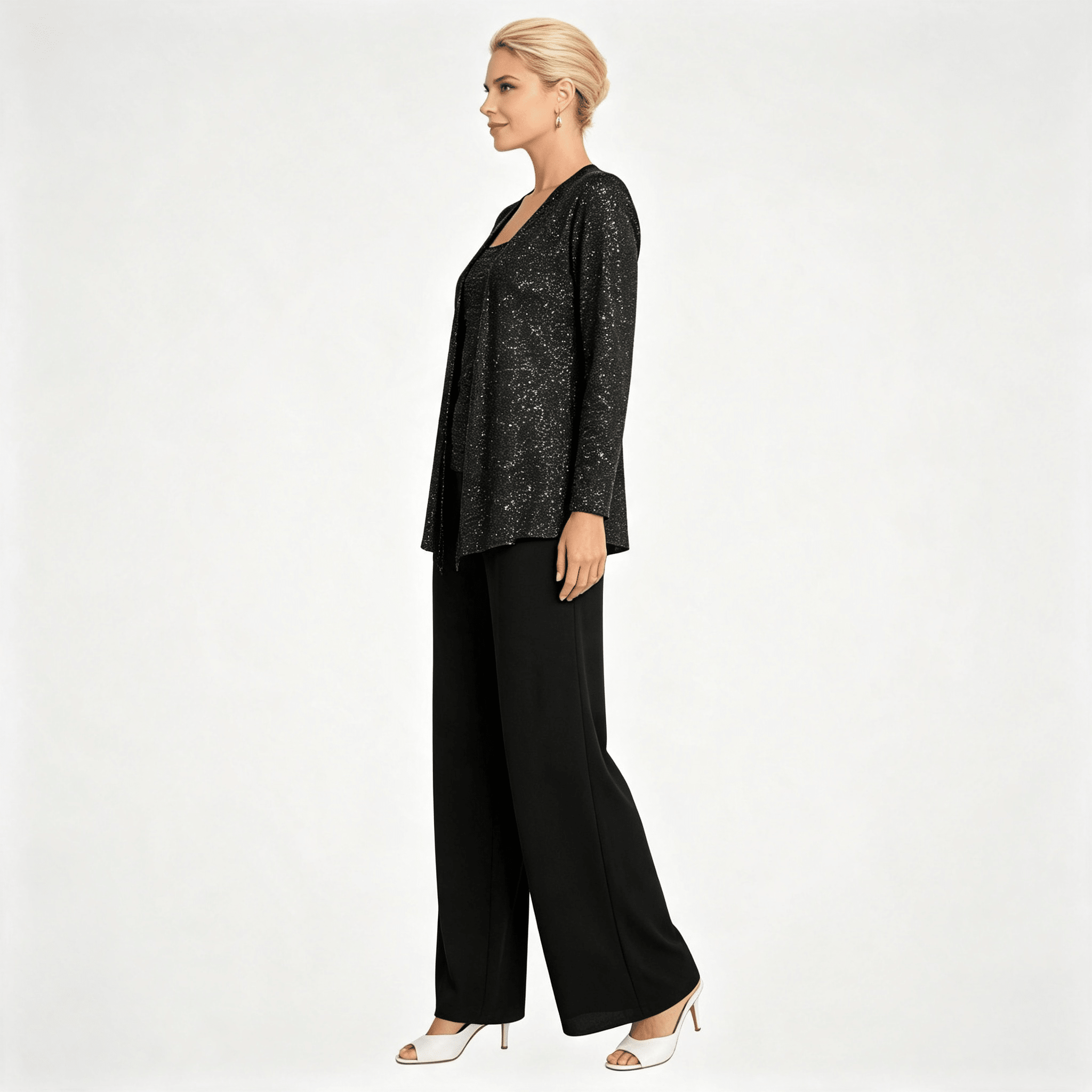 Womens Sequin Lace Jacket Three Piece Wide Leg Wedding Guest Trouser Suit